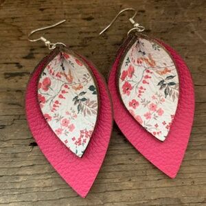 Jill's Jewels - Pink Floral Double Layered Leather Earrings - NEW WITH TAGS